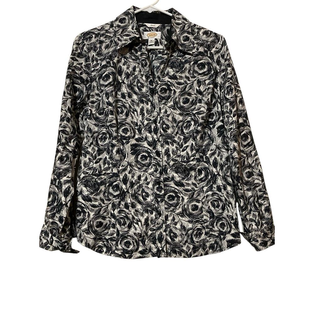 Talbots‎ (Size M) Women’s Floral Black & White Blouse Shirt Top Stretch Button